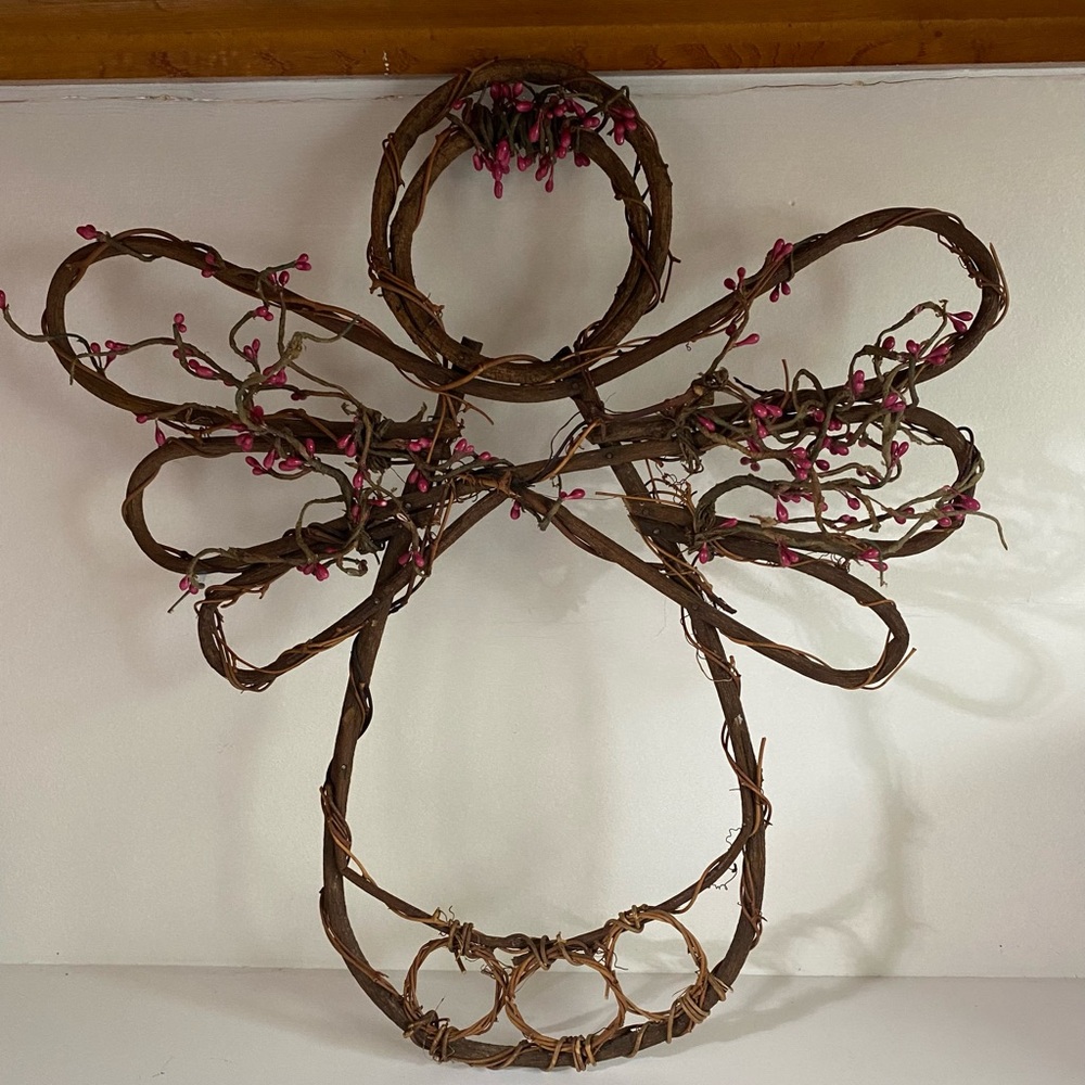 Rustic Grapevine Angel Wall Decor with Pink Accents